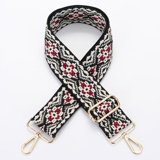 Yellow and white ethnic style patterned canvas bag strap with gold-toned adjustable buckle and swivel snap hooks. - Image 12