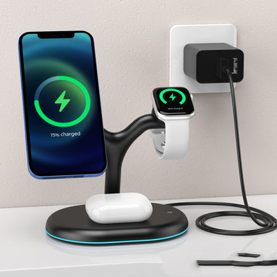Cargador Inalámbrico 3 en 1 con Base Magnética para Teléfono, Auriculares y Reloj