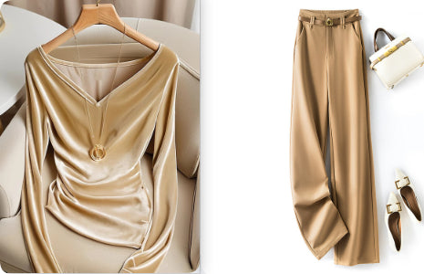 Blusa Champagne Escote V Manga Larga Plisada Terciopelo para Invierno - Image 6