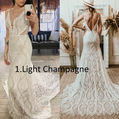 Vestido de Novia Bohemio con Escote V, Encaje y Tirantes Finos - Diseño Backless para Playa - Image 6