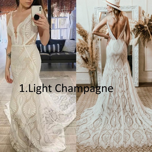 Vestido de Novia Bohemio con Escote V, Encaje y Tirantes Finos - Diseño Backless para Playa - Image 6