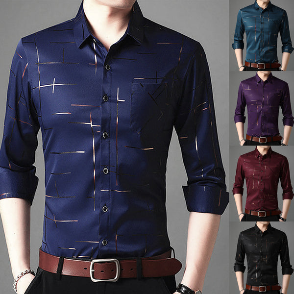Camisa Slim Fit de Hombre con Cuello Solapa y Rayas Manga Larga