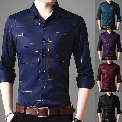Camisa Slim Fit de Hombre con Cuello Solapa y Rayas Manga Larga