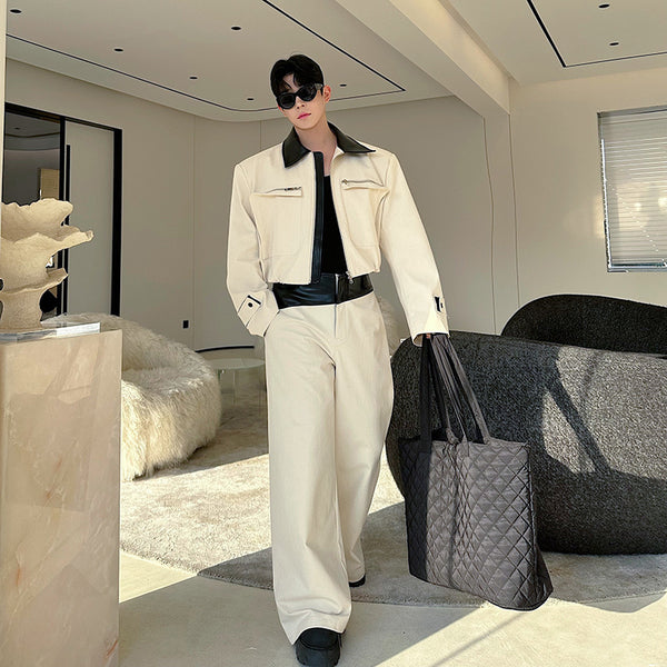 Conjunto Hombre Chamarra de Cuero con Bloques de Color y Pantalón Ancho Casual
