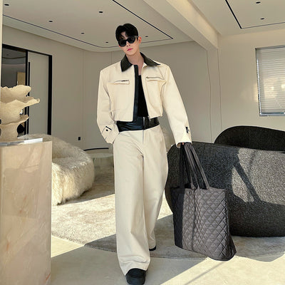 Conjunto Hombre Chamarra de Cuero con Bloques de Color y Pantalón Ancho Casual