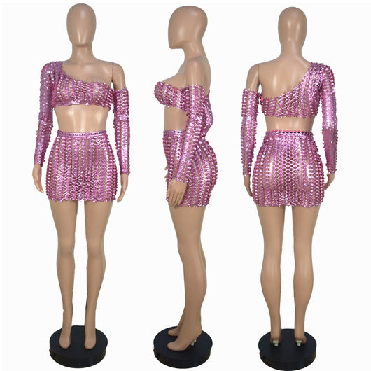 Black net hole hollow-out two-piece set with one-shoulder long-sleeve crop top and matching mini skirt. - Image 9