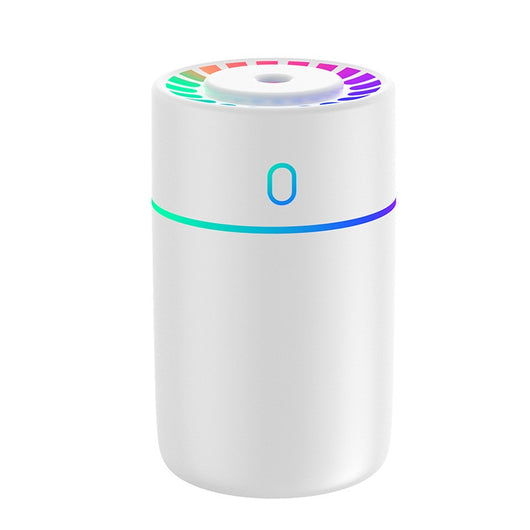 Pink cylindrical humidifier with a colorful LED light ring on top and a blue-green light band around its middle. - Image 4