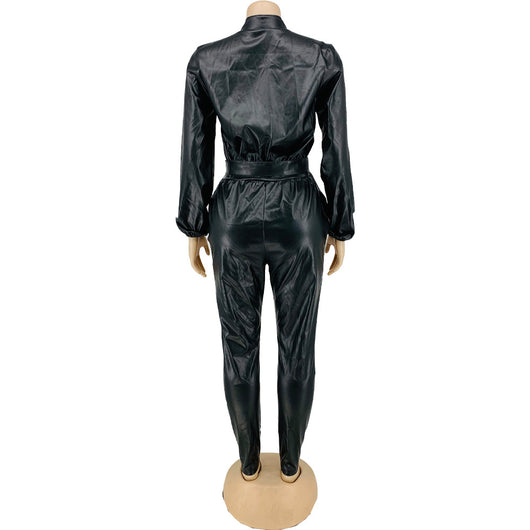 Jumpsuit de Cuero para Mujer con Cinturón de Botones - Image 18