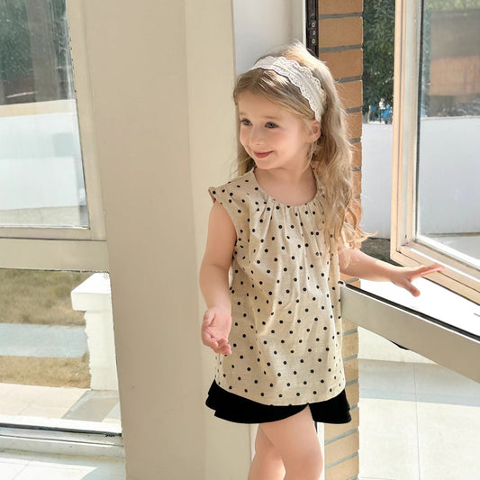 Blusa Niña Lunares Cuello Redondo Suelta Plisada Sin Mangas Verano