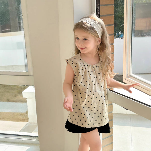 Blusa Niña Lunares Cuello Redondo Suelta Plisada Sin Mangas Verano