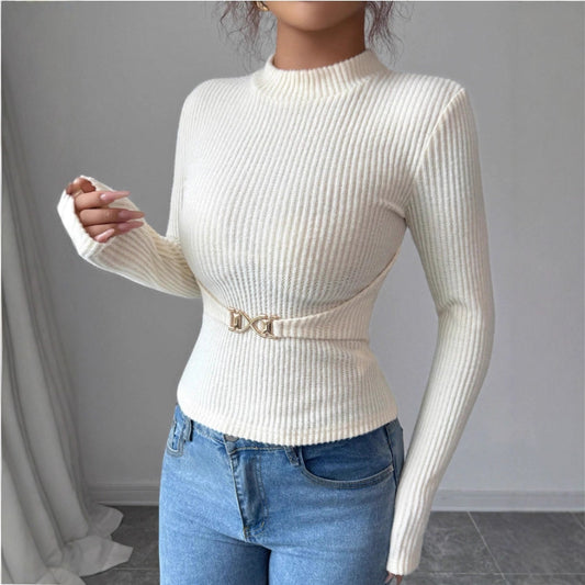 Blusa Base Cuello Mock Ajustada con Mangas Largas para Mujer