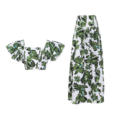 Conjunto Estampado: Blusa Corta Cuello Cuadrado con Volantes y Falda Larga Drapeada - Image 6