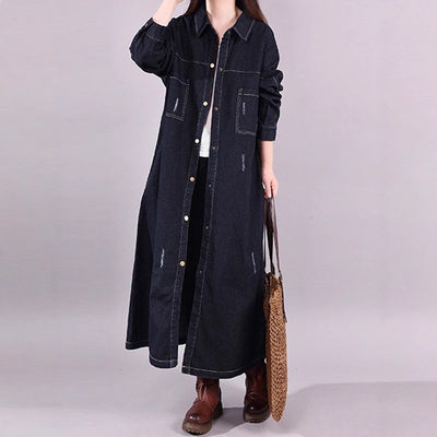 Abrigo Denim Tipo Trench Suelto Retro Desgastado Largo Medio - Image 2