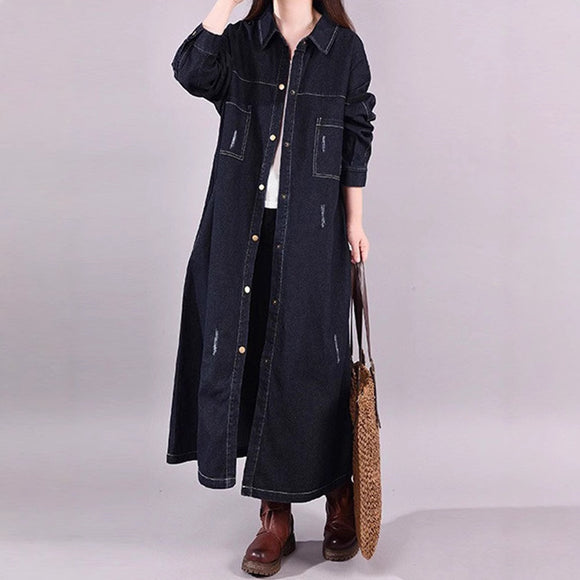 Abrigo Denim Tipo Trench Suelto Retro Desgastado Largo Medio