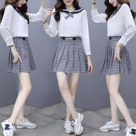 Conjunto Preppy Primavera: Blusa con Moño y Falda Cuadrillé