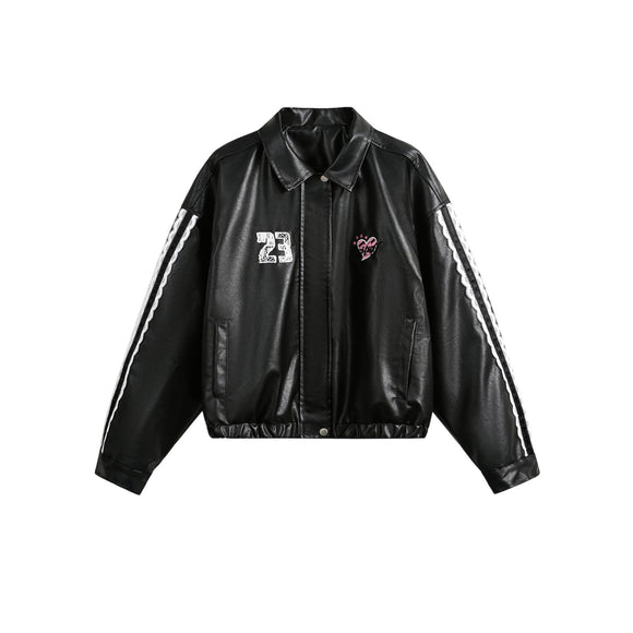 Chaqueta de Solapa Negra con Encaje y Bordado Love Number para Mujer