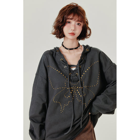 Sudadera Retro con Capucha Mujer - Cuello V Cordones y Remaches - Image 2
