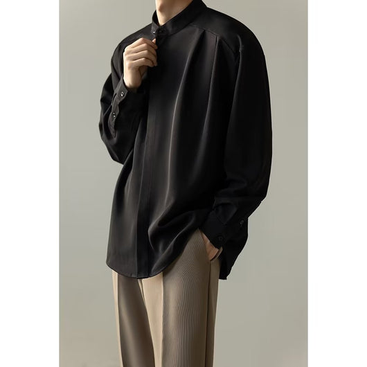 Camisa Casual Holgada de Manga Larga con Cuello Alzado para Hombre - Image 3