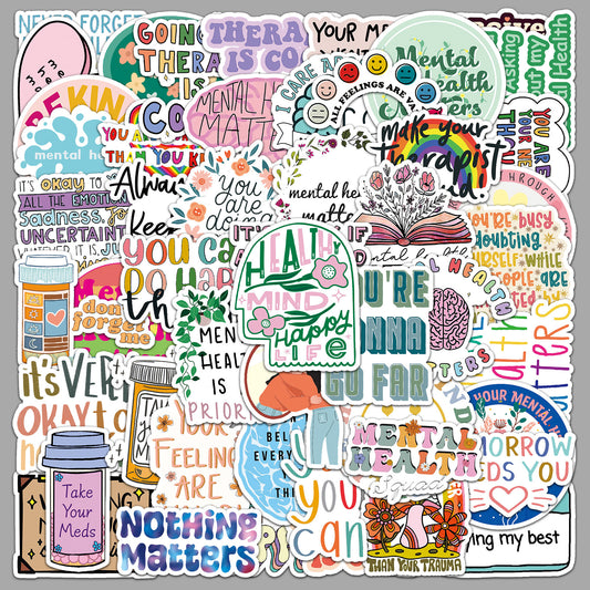50 mental health graffiti stickers with English slogans, including rainbows, hearts, and positive affirmations.
