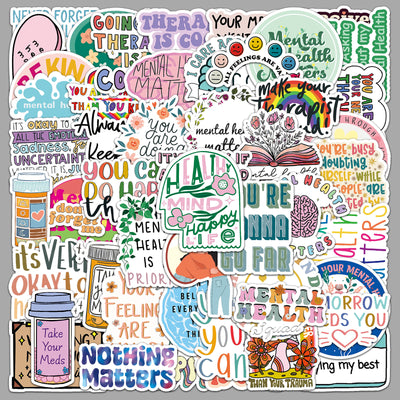 50 mental health graffiti stickers with English slogans, including rainbows, hearts, and positive affirmations.