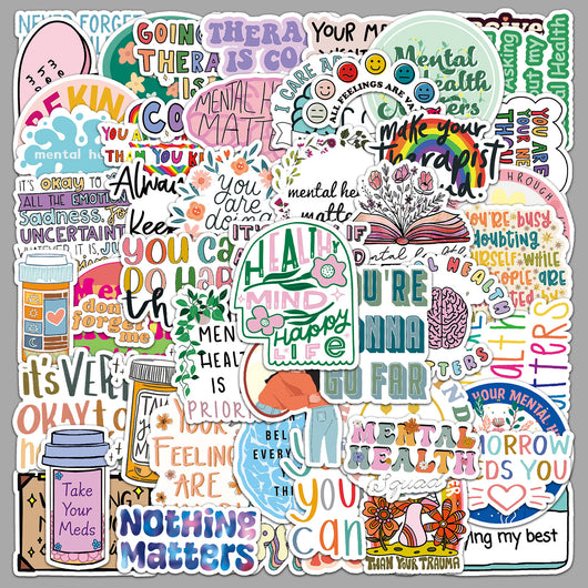 50 mental health graffiti stickers with English slogans, including rainbows, hearts, and positive affirmations.