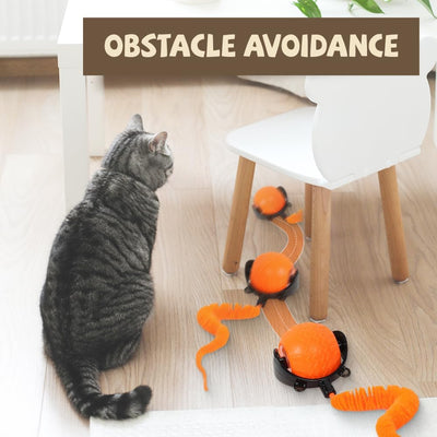 Interactive blue pet ball toy with a fuzzy worm attachment, captivating a brown dog and a tabby cat. - Image 12