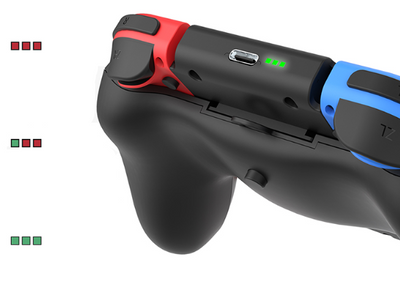 Black charging grip for Nintendo Switch Joy-Cons, shown in packaging and as a standalone unit, with blue and red controllers. - Image 15