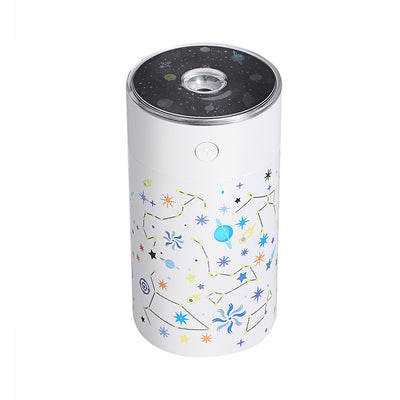 Dark green cylindrical humidifier with a clear top, featuring a colorful celestial pattern of stars, planets, and constellations. - Image 13