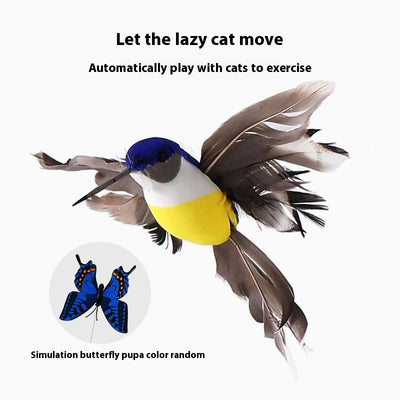 Automatic cat teaser toy with an electric rotating bird on a steel wire, attached to a green and white flower base. - Image 3