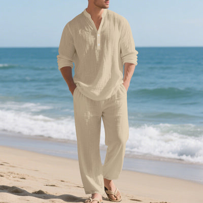 Conjunto de Pantalón y Camiseta Henley Suelta Transpirable para Hombre - Ropa de Playa Casual - Image 44