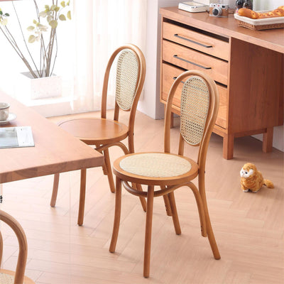 Sillas de Comedor Vintage Francesas de Madera Maciza con Tejido de Ratán