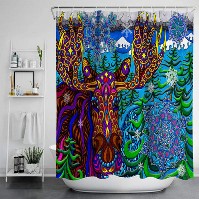 Vibrant psychedelic shower curtain with an abstract digital print featuring an elephant head and cannabis leaves in bright colors. - Image 12