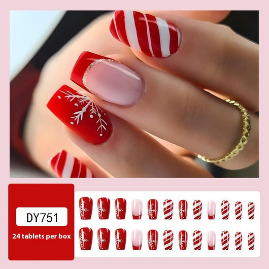 Uñas Postizas Navideñas con Diseño de Copos de Nieve y Rayas - Image 3