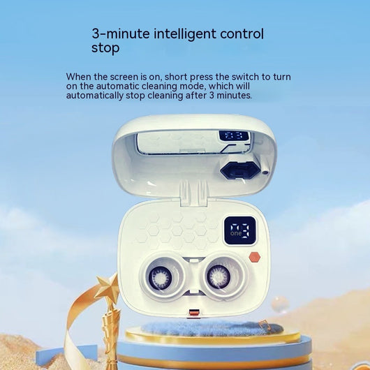 Pearl white automatic ultrasonic cleaning machine with honeycomb texture and digital display for invisible glasses. - Image 2