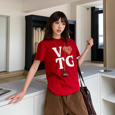 Camiseta Retro Suelta con Estampado de Carta de Amor para Mujer