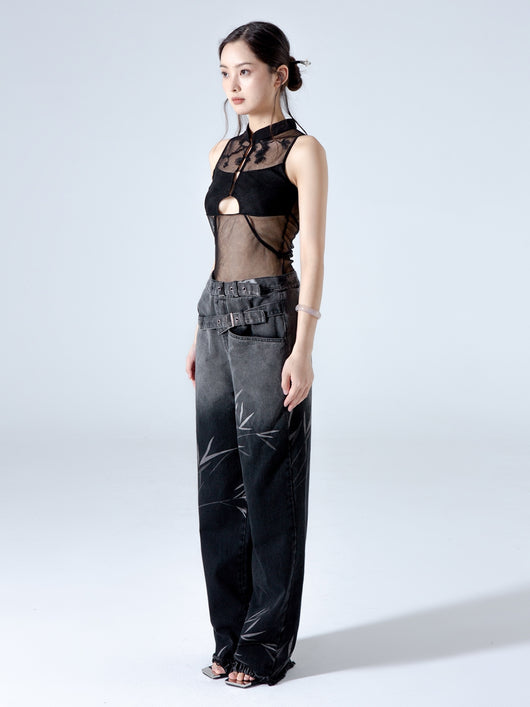 Blusa Negra de Gasa con Bordado Hueco Estilo Chino en Pino y Ciprés - Image 3