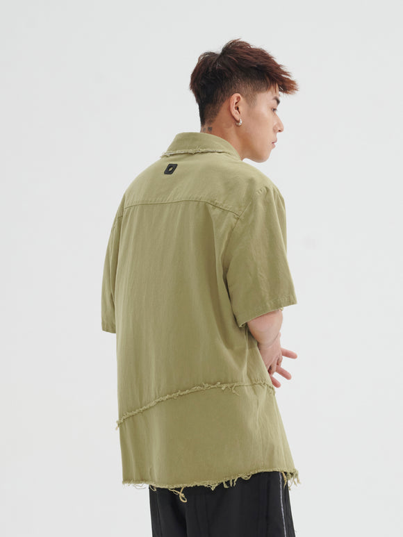 Camisa de Mezclilla Desteñida con Puños Deshilachados