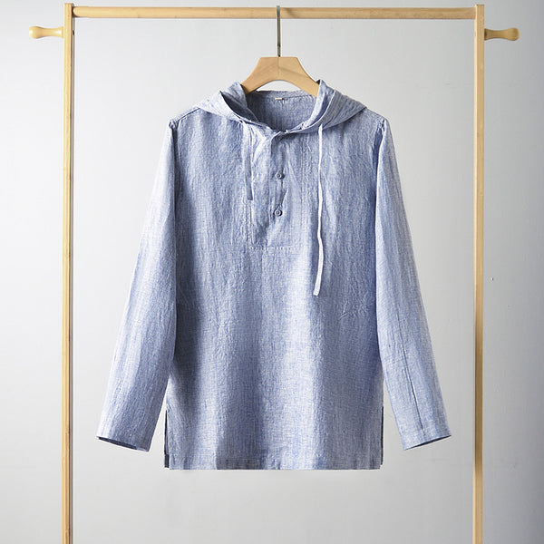 Camisa Suelta de Lino para Hombre con Capucha y Color Sólido