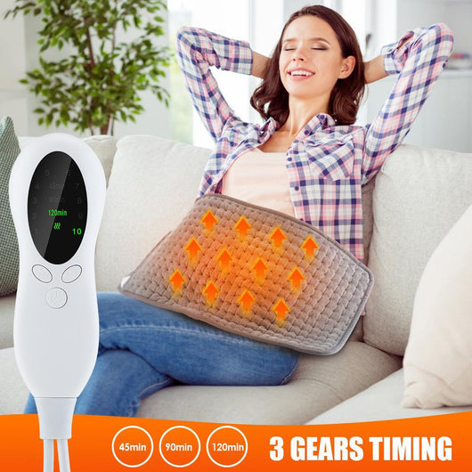 Gray quilted electric heating pad with a white wired controller and power plug, partially rolled up. - Image 9
