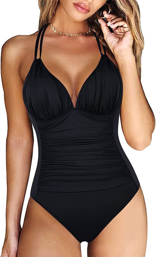 Teal halter one-piece swimsuit with a deep V-neck and ruched detailing on the bodice and sides. - Image 16