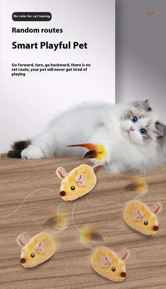 Yellow remote control electric plush mouse cat toy with a black remote and white USB charging cable. - Image 17