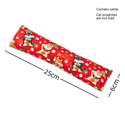 Dark blue catnip pillow toy with white cat, fish, and paw print patterns, measuring 25cm long. - Image 7