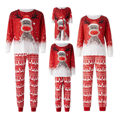 Red and white long-sleeve Christmas pajama set with a cartoon reindeer and snowflake print. - Image 4
