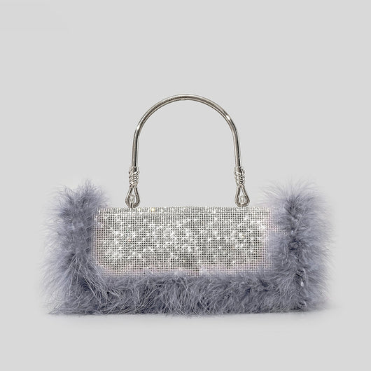 Bolso de Hombro Crossbody con Incrustaciones de Diamantes y Pelo de Avestruz - Image 11