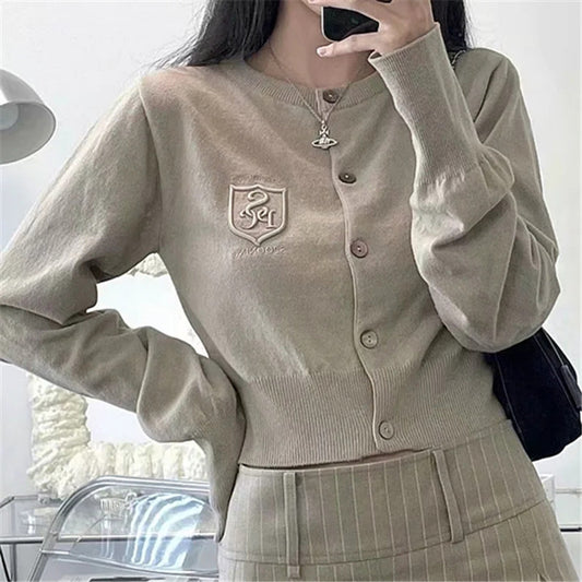 Cardigan Tejido Corto con Bordado de Letras Estilo Británico