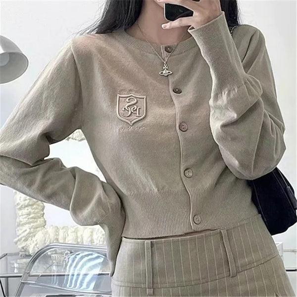 Cardigan Tejido Corto con Bordado de Letras Estilo Británico