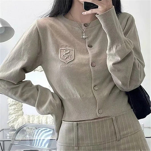 Cardigan Tejido Corto con Bordado de Letras Estilo Británico