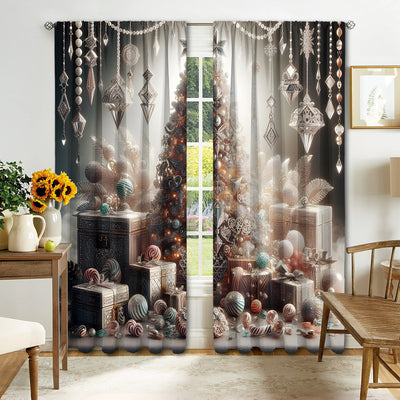 Christmas curtain with a snowy village scene, Santa Claus, flying reindeer, and piles of wrapped gifts. - Image 9