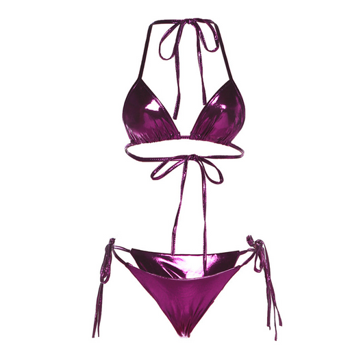 Purple reflective two-piece bikini with a halter neck top and tie-side bottoms, featuring a shiny solid color fabric. - Image 14