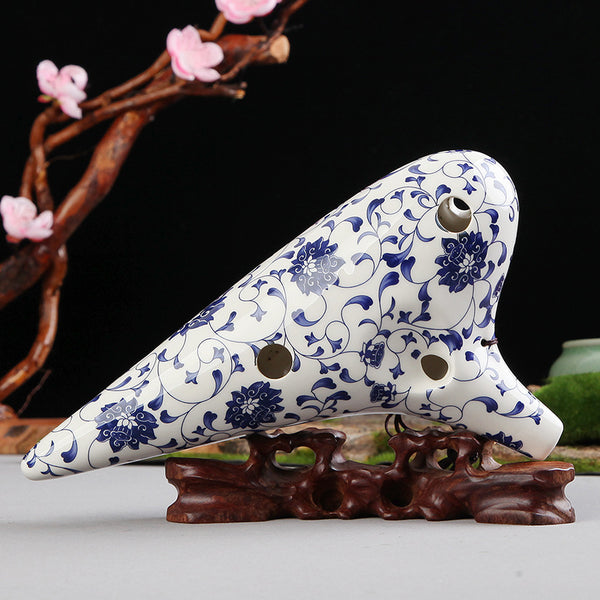 Ocarina Profesional Alto F de 12 Agujeros - Porcelana Azul y Blanca